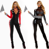 Sexy Ladies Racing Girl Costume Race Car Driver Outfit Long Sleeves Plaid Jumpsuit Dreamgirl Fancy Dress