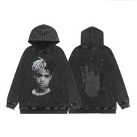 Plus Size High Street Revenge Washed Retro Old Portrait Palm Hooded Sweater for Men and Women