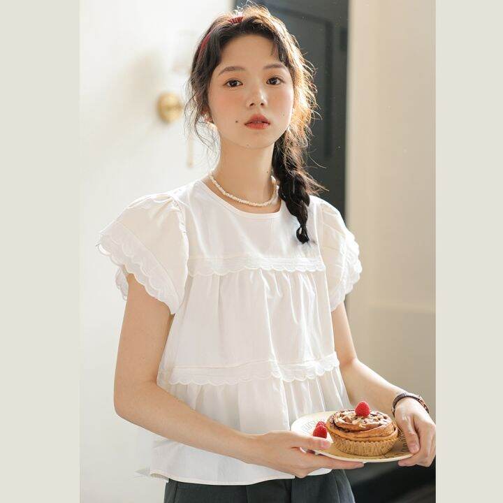 64216-เสื้อเชิ้ตแขนสั้น-ทรงหลวม-แต่งลูกไม้-สีพื้น-v728