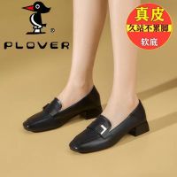 ▧ PLOVER Woodpecker Shoes Womens Thick Heels Spring and Autumn New Versatile Soft Leather Womens Shoes Square Toe Medium Heels Loafers for Women