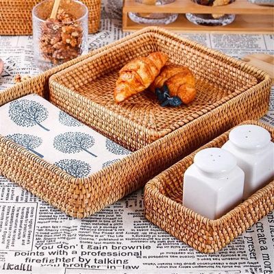Hand-Woven Storage Basket Rattan Storage Tray Wicker Baskets Bread Fruit Food Breakfast Display Box Home Decoration