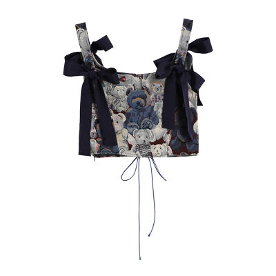 New 2021 Korean Cute Little Bear Jacquard Bow Suspender Vest Womens Summer New Style Printed Sleeveless Ladies Crop Tops