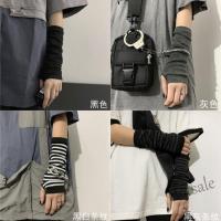 【hot sale】℗✵❡ D13 Anime Striped Arm Sleeve Gloves Black Punk Long Fingerless Gloves Women Men Gothic Hip-hop Mitten Warm Cuff Cosplay Darkly Ninja Mittens Oversleeve