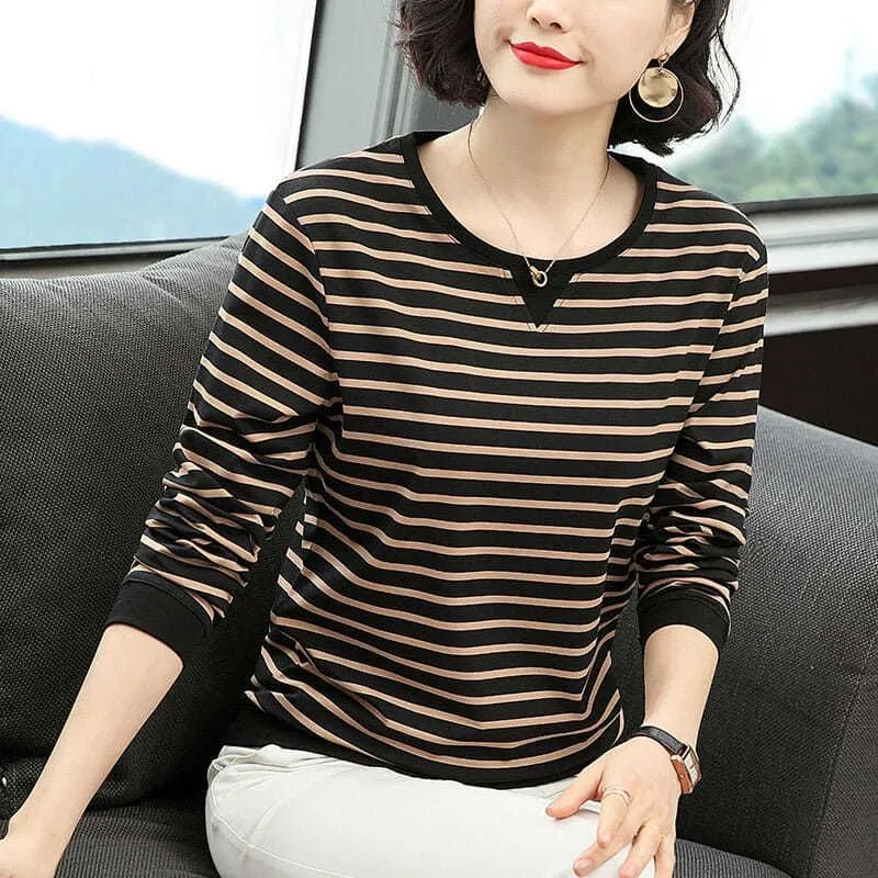Women Casual Tops Autumn Fashion Striped T-shirt Korean Loose Long