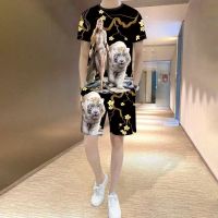 【Hot Sale】 new mens casual ice silk suit round neck large size fashion printing short-sleeved two-piece set