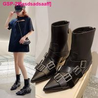 Asdsadsaaff Botas De Couro Curto Chunky Saltos Goth Punk Salto คาวบอย Baixo รองเท้าใหม่ Mocassim Preto