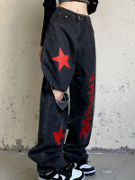 【CW】Aesthetic Red Star Ripped Jeans for Women Y2k Graffiti Straight Baggy Pants Techwear Dark Academia Kpop Hippie Denim Trousers BF