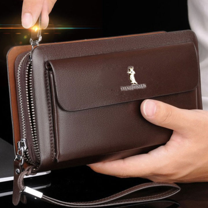 Double zipper men's wallet Retro luxury clutch bag leather wallet Organizer  big capacity passport cover male portefeuille homme