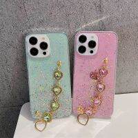 กาวดาวแวววาวแบบใสเคสโทรศัพท์ iPhone 14 13 11 12 Pro Max 14Plus พร้อมเคสสร้อยข้อมือหินรูปหัวใจ