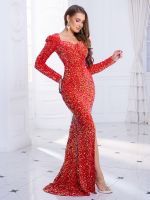 【jw】✥  Puff Sleeve Split Front Mesh Sweatheart Padded Stretch Sequin Floor Length Evening Gown