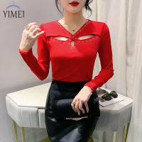 YIMEI เสื้อผู้หญิงแฟชั่นคอวีเว้า,เสื้อผู้หญิงแขนยาวสีแดงเสื้อมีเพชรเข้ารูปพอดีและแบบบางสำหรับฤดูใบไม้ร่วง