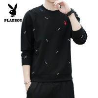 ✸ PLAYBOY แฟชั่นคู่ที่เรียบง่ายสีทึบเสื้อยืดคอกลมแขนยาวสำหรับผู้ชาย