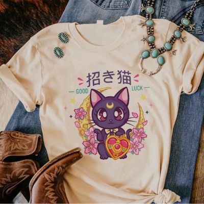 เสื้อยืดลายแมวพระจันทร์ยุค80S เสื้อยืดแนวตลกขำขันฮาราจูกุผู้หญิงตลกเสื้อผ้าการ์ตูนอนิเมะ