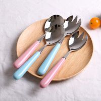 2pcs Stainless Steel Salad Spoon Salad Fork with Ceramic Long Handle Tableware Dinnerware 20.5cm Serving Utensils