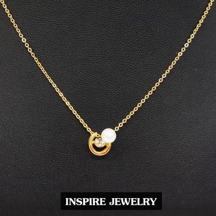inspire-jewelry-ชุดเซ็ททองชมพูจี้มุกหนึ่งเพชร-และเพชรcz-เพชรหนึ่งเม็ด-สวยเกรด-aaa-sizeสร้อยคอยาว-16-งานแบบร้านเพชร
