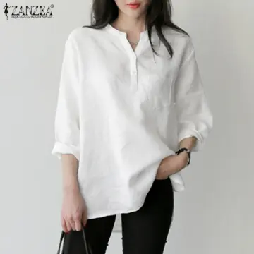 Summer White Shirt Women Blouse Long Sleeve Shirt Button Pockets Casual  Loose Basic Tops Shirt Plus Size Ladies Cotton Shirt Sunscreen Shirt