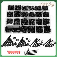 FEELDG 1060PCS M2 M3 M4 M5 การจัดเรียงสกรูเมตริก สีดำสีดำ เหล็กคาร์บอนสตีล สกรูสำหรับเครื่องจักร พร้อมประแจหกเหลี่ยม สกรูหัวจมหกเหลี่ยม มืออาชีพด้านการ