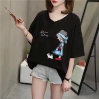 COD SDFGDERGRER 【Plus Size/40-150kg/8Patterns】2021 Oversized V-Neck Women Tee Half Short Sleeves Big Loose Cartoon Letter Printed T-shirt Summer Maternity Pregnancy Casual Top Fashion Big Size Medium-Long Length Pajamas 5XL White Black