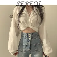 SEREQI เสื้อเชิ้ตแขนยาวหลังผูกโบว์เซ็กซี่ เสื้อผ้าสีขาวเอวลอยแฟชั่นฤดูร้อน เสื้อสีเทาผู้หญิงเกาหลี DA0437