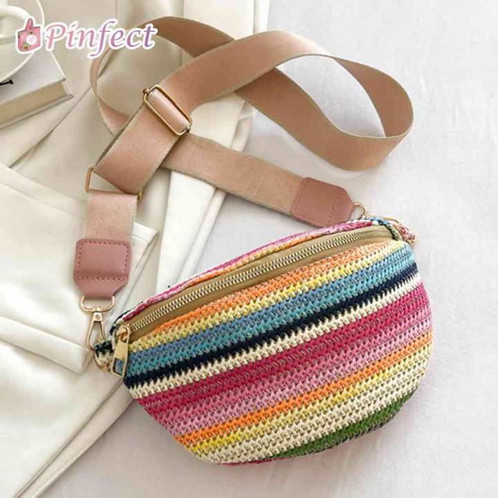 Pinfect Retro Colorful Rainbow Stripe Chest Bag Women Straw Woven