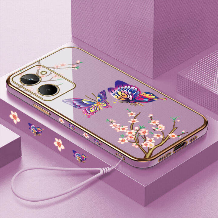 คลังสินค้าพร้อม-เคสเคสมือถือสำหรับ-realme-10-ฟรีสายคล้อง-การ์ตูนผีเสื้อขอบสี่เหลี่ยมชุบเคลือบเคสนิ่มฝาหลัง