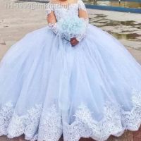 ○♘ jfmkfmdm Vestido de princesa azul claro florista mangas compridas renda casamento criança apliqueada primeira comunhão batizado vestido formatura