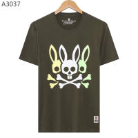 เสื้อยืดแฟชั่นใหม่ของ Psycho Bunny S เสื้อยืดแขนสั้นหัวกะโหลกกระต่ายขนาดใหญ่ลำลองสำหรับผู้ชายคอกลมการ์ตูน