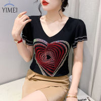 YIMEI เสื้อยืดผู้หญิงสวยๆ,เสื้อยืดปักเพชรอุตสาหกรรมหนัก2023ใหม่ฤดูร้อนเสื้อตาข่ายสองชั้นแฟชั่นของผู้หญิง Kemeja Hitam อเนกประสงค์