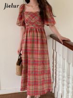 【YF】 Jielur Plaid Slim Waist Puff Sleeve Pleated Womens Dresses French Style Summer Square Neck Elegant Female Dress Chic Streetwear