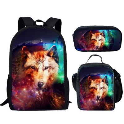 Trendy Creative Cartoon Funny Moon Wolf 3D Print 3pcs/Set pupil School Bags Laptop Daypack Backpack Lunch bag Pencil Case