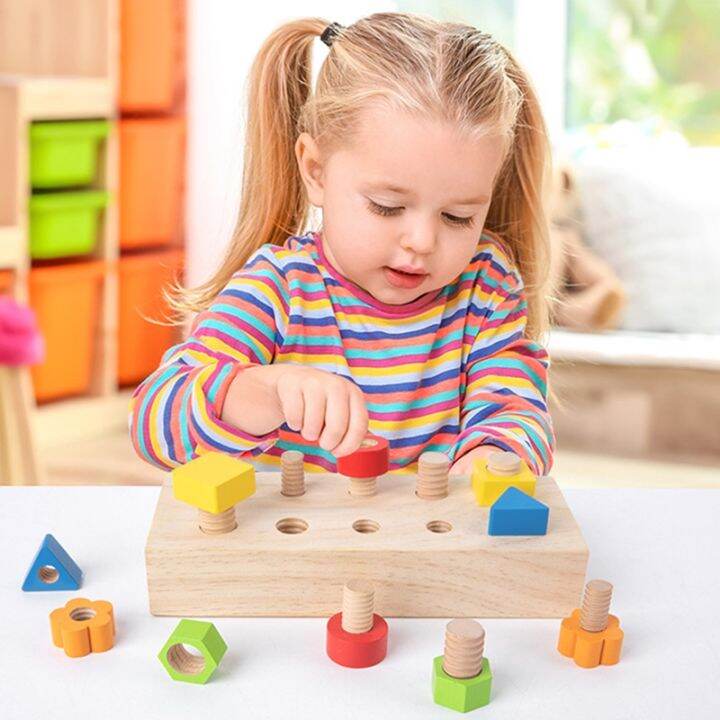 [CHULI QI] Nut Bolts Montessori Color Shape Wooden Toy Kids Fine Motor ...