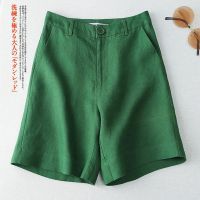 Linen Solid Casual Pocket Button High Waist Wide Leg Womens Shorts Korean Fashion Loose Straight 2023 Summer Suit Shorts Women