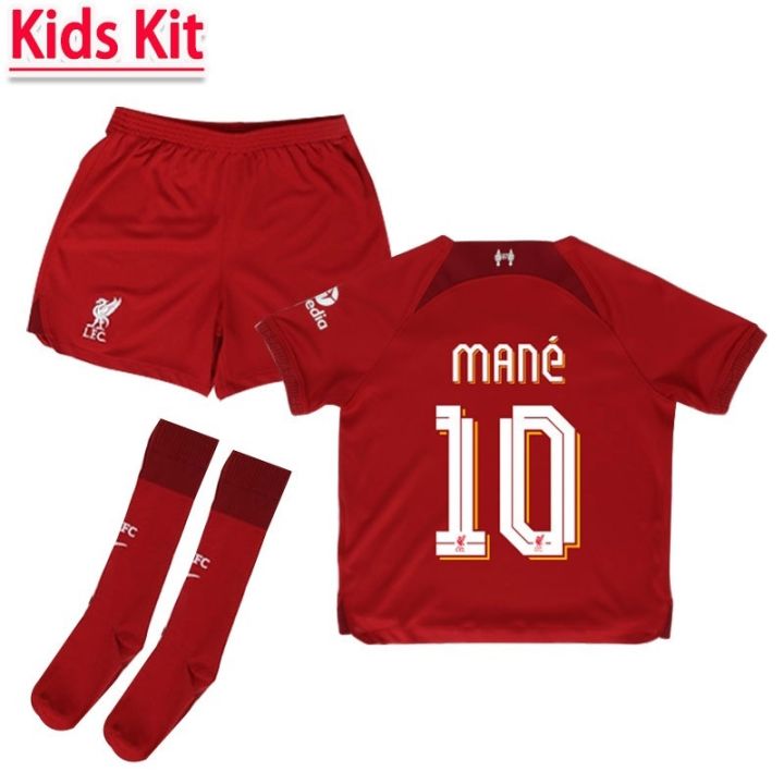 2022-2023-liverpool-home-kids-kit-football-shirt-high-quality-red-top-and-shorts-set-soccer-jersey-with-ucl-with-socks-patch