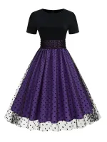 Sishion ฤดูร้อนแขนสั้นตาข่าย Tulle Patchwork ชุดสีม่วงสีฟ้า VD3495 Polka Dots Elegant VINTAGE PARTY Dre สำหรับสตรี