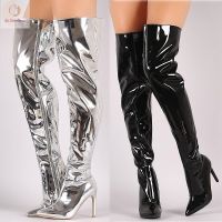 CODaith62sfe Women Fine Leather High-heeled Boots Knee with Side Zipper Boots Nightclub Shoes