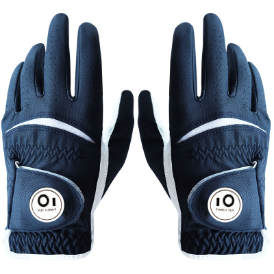 2 Pcs Soft Pu Leather Mens Golf Gloves with Ball Marker Cabretta All Weather Grip Navy Khaki Red Small Medium Large XL