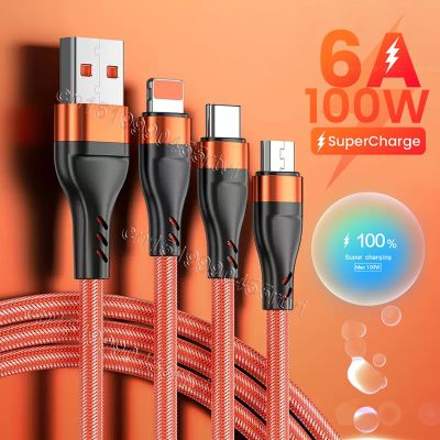 3 In 1 6A 100W USB Type-C 3In สายชาร์จอย่างรวดเร็ว1ไมโคร USB USB Type-C R สายสำหรับข้อมูล14 13 Huawei Samsung