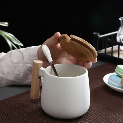 【High-end cups】สไตล์นอร์ดิกด้ามไม้ถ้วยเซรามิกแก้วกาแฟความจุขนาดใหญ่แก้วพร้อมช้อนฝาแก้วกาแฟถ้วยชาโฮมออฟฟิศ Drinkware