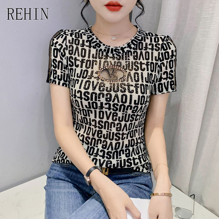rehin-ของผู้หญิงด้านบนคอกลมตาข่ายเย็บเจาะร้อนผอมบางแขนสั้นเสื้อยืดฤดูร้อนใหม่พิมพ์เสื้อที่สง่างาม