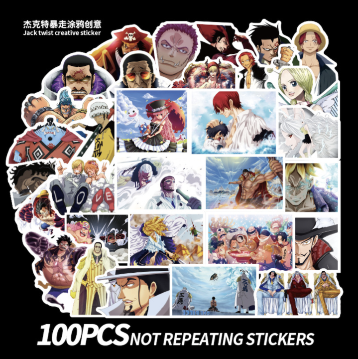 สติ๊กเกอร์วันพีช-ลูฟี่-วันพีช-one-piece-sticker-สติ๊กเกอร์-6-5-7-cm-100-ชิ้น-สติ๊กเกอร์ตกแต่ง-diy-ของสะสม-ของเล่น-ของเล่นถูกๆ-ของเล่นเด็ก