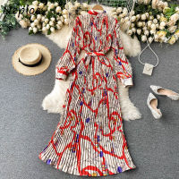 Neploe Vintage Bohemian Holiday Maxi Dress Women High Waist Hip A Line Draped Vestidos O Neck Long Sleeve Print Pleated Dresses