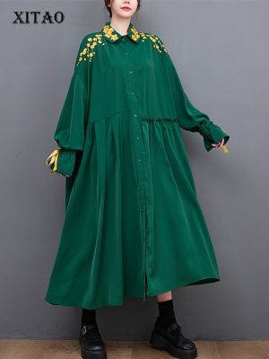 XITAO Dress Fashion Loose Woman Full Sleeve Embroidery Shirt Dress