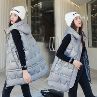 【cw】2022 Winter New Glossy Short Hood down Cotton Vest Female Korean Loose Fashion Mid-Length Cotton-Padded Jacket Vest ！