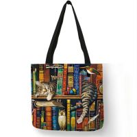 Oil Painting Cat Print Womens Designer Tote Bags Linen Reusable Shopping Bag For Groceries Shoulder Bags for Lady 2020