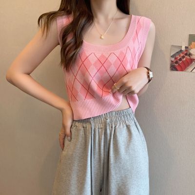 body suit for women jumpsuits playsuits 2022 Summer New Korean Style Women Fashion Kint Crop Tops Camisole Knitted Trend Plaid Design Sense Niche Outer Wear Short Chic Pink Inner Wear Vest