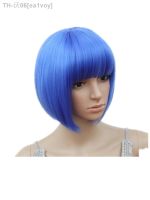 Fei-Show Short Wavy Wig Flat Bangs Bob Blue Hair Synthetic Heat Resistant Fiber Carnival Party Salon Costume Cos-play Hairpiece [ Hot sell ] ea1voy