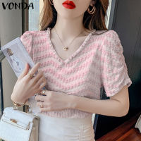 (จัดส่งฟรี)Fancystyle VONDA เสื้อผู้หญิงแขนสั้น,เสื้อกันหนาวสวมหัวคอวีทรงหลวมอเนกประสงค์เสื้อจับจีบ