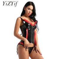 【LZ】◄﹊  Yizyif espartilhos femininos retrô corpetes punk de cano curto look molhado couro pvc aço boned sobre o busto top feminino sexy corpete