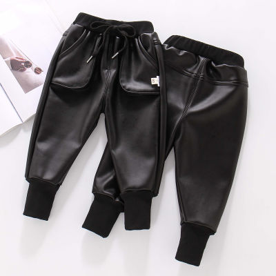Winter Faux Leather Cargo Pants Childrens Pants Warm Boys Trousers Thicken Casual Cargo Pants Girls Clothing 2 4 6 8 Years