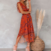 Summer Women Vintage Pattern Behavior Smocked Ruffle Midi Dress Sexy Sleeveless Red Long Dresses  Fashion Clothes For Women